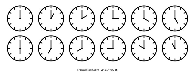 Clocks hands icon. Time sign for every hour. Stopwatch, clock faces set. Evening, morning and noon time. Simple hour icons. Vector illustration isolated on white background.