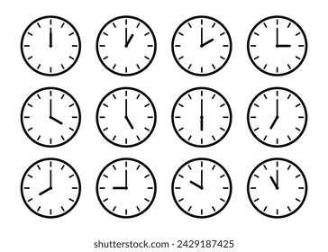 Clocks hands icon. Time sign for every hour. Stopwatch, clock faces set. Evening, morning and noon time. Simple hour icons. Vector illustration isolated on white background.