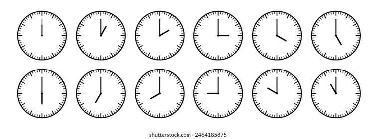 Clocks hands icon. Time sign for every hour. Stopwatch, clock faces set. Evening, morning and noon time. Simple hour icons. Vector illustration isolated on white background.