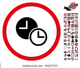 Clocks icon with bonus calendar and time management symbols. Vector illustration style is flat iconic bicolor symbols, intensive red and black colors, white background.