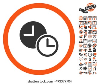 Clocks icon with bonus calendar and time management images. Vector illustration style is flat iconic bicolor symbols, orange and gray colors, white background.