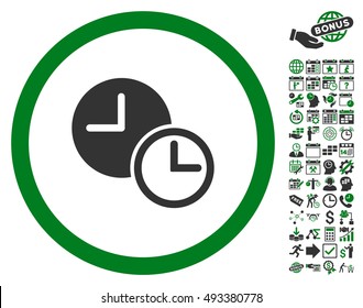 Clocks icon with bonus calendar and time management symbols. Vector illustration style is flat iconic bicolor symbols, green and gray colors, white background.