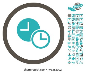 Clocks icon with bonus calendar and time management pictograph collection. Vector illustration style is flat iconic bicolor symbols, grey and cyan colors, white background.