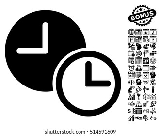 Clocks icon with bonus calendar and time management clip art. Vector illustration style is flat iconic symbols, black color, white background.