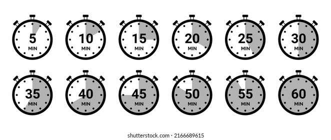 Clocks icon collection design. Countdown 5, 10, 15, 20, 25, 30, 35, 40, 45, 50, 55, 60 minutes. Timer, clock, stopwatch.