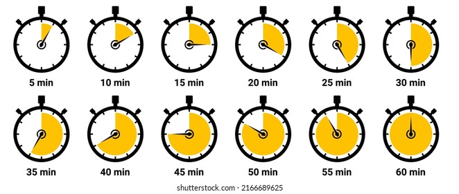 Clocks icon collection design. Countdown 5, 10, 15, 20, 25, 30, 35, 40, 45, 50, 55, 60 minutes. Timer, clock, stopwatch.