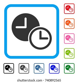 Clocks icon. Flat grey pictogram symbol inside a light blue rounded rectangular frame. Black, gray, green, blue, red, orange color variants of Clocks vector. Designed for web and application UI.