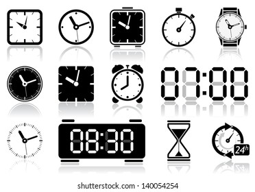 Clocks icon set. Vector illustration of different clock web icons