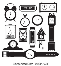Clocks icons. Black and white design. Vector illustration