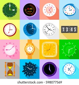 Clocks icons set colorful. Flat illustration of 16 clocks icons set vector icons for web