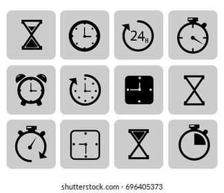 Clocks icons set on grey Time, chronometer. Vector illustration