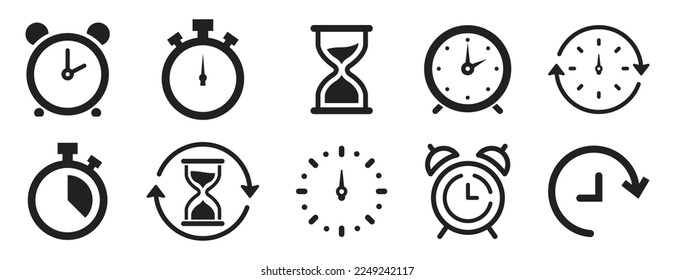 Clocks icons set. Set of timer clock and hourglass icon. Vector isolated illustration. Timer Clock Alarm Sandglass watch collection.