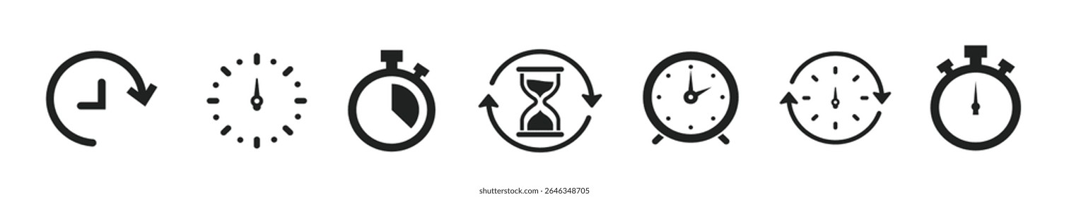 Clocks icons set. Set of timer clock and hourglass icon. Vector isolated illustration. Timer Clock Alarm Sandglass watch collection.