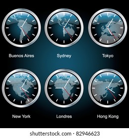 Clocks of important capitals of the world with the area map.