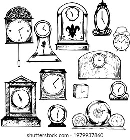 Clocks ink illustration set. Vintage clocks with different shapes: round, square, oval. Objects in the house sketches collection. Texture monochrome style. Home vector drawings. 