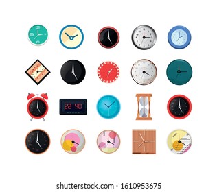 Clocks instruments icon set design, Time tool watch second deadline measure countdown and object theme Vector illustration
