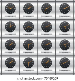 Clocks International time zone set shiny metal background