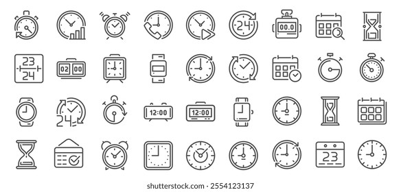 Clocks line icons, watches, timers and calendars, hourglasses. Ideal for planning, time management and organizational projects. Various clock and time. Vector illustration.