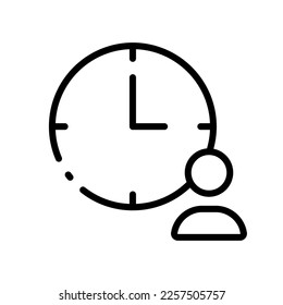 Clocks with man set icon. Punctuality, schedule, timer, hourglass, signboard, appointment, around the clock, 24, alarm clock, planning, stopwatch. Vector line icon on white background
