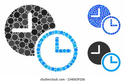 Clocks mosaic of round dots in different sizes and color tinges, based on clocks icon. Vector round dots are composed into blue collage. Dotted clocks icon in usual and blue versions.