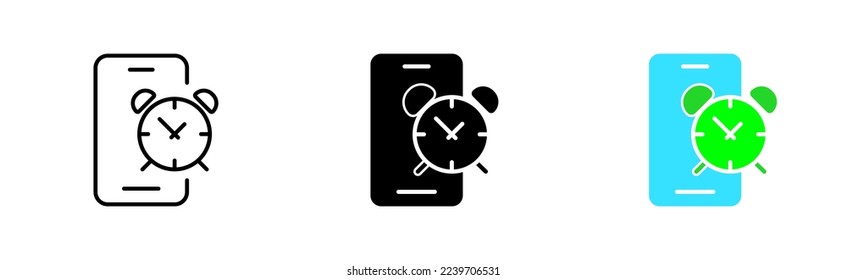 Clocks in phone set icon. Punctuality, signboard, schedule, hourglass, alarm clock, timer, stopwatch, 24, around the clock, planning. Vector icon in line, black and colorful style on white background