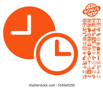 Clocks pictograph with bonus calendar and time management pictograph collection. Vector illustration style is flat iconic symbols, orange color, white background.