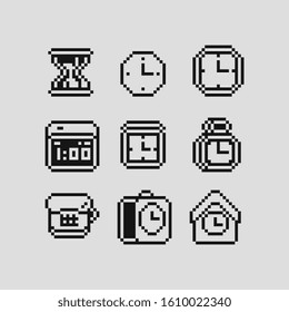 Clocks pixel art 1-bit icons set, hourglass, digital clock, stopwatch, alarm clock, isolated vector illustration. Design for stickers, logo alcohol store, mobile app, stamp, web.