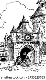 The Clocks of Rondaine, this scene shows a big house with clock, a man sitting outside and another man walking towards house, vintage line drawing or engraving illustration