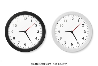 Clocks with round black and white borders hanging on wall realistic set. Office, home interior ticking elements, showing time in minimalist modern style. Vector wall clock collection illustration.