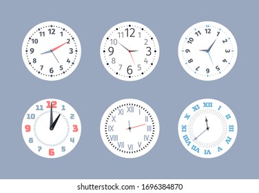 clocks. round wall watches flat collection symbols of time measurement circle display with numbers and arrows. Vector templates