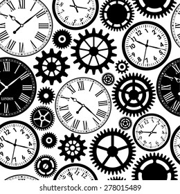 Clock`s seamless pattern. Black and white texture of time.