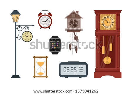Clocks. Set of diversity clocks on white background. Vector illustration
