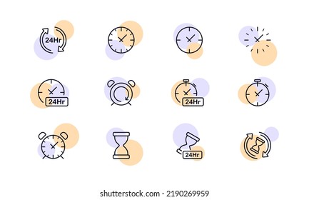 Clocks set icon. 24, around the clock, watch, stopwatch, alarm, timer, keep track of time, schedule, timetable, planning, hourglass, loading. Time management concept. Vector line icon for Business.