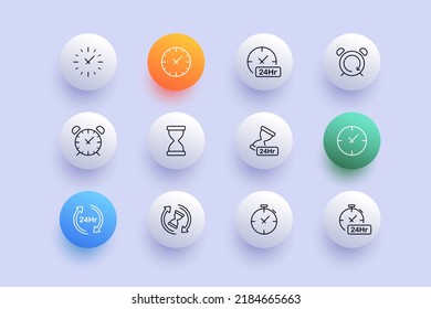 Clocks set icon. Alarm clock, 24hr, hourglass, 24, around the clock, cirular arrows, stopwatch, signboard. Time concept. Neomorphism style. Vector line icon for Business and Advertising.