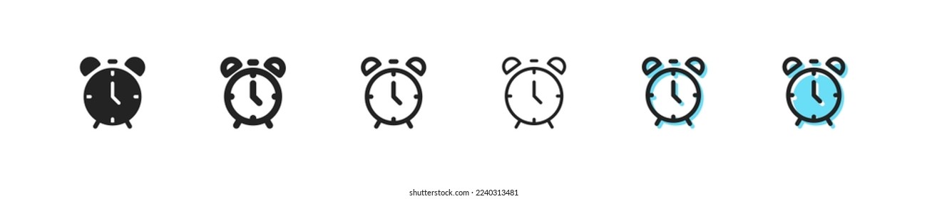 Clocks set icon. Punctuality, signboard, schedule, hourglass, alarm clock, timer, stopwatch, 24, planning, appointment. Time management concept. Six vector line icon in different styles