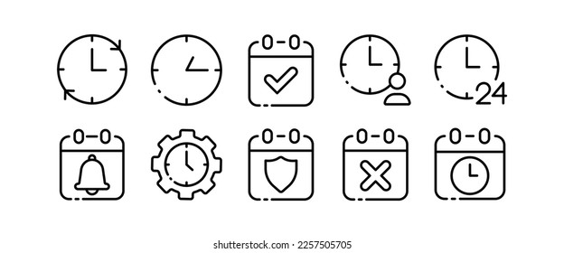 Clocks set icon. Punctuality, signboard, schedule, hourglass, alarm clock, timer, stopwatch, 24, around the clock, planning, appointment. Vector line icon on white background