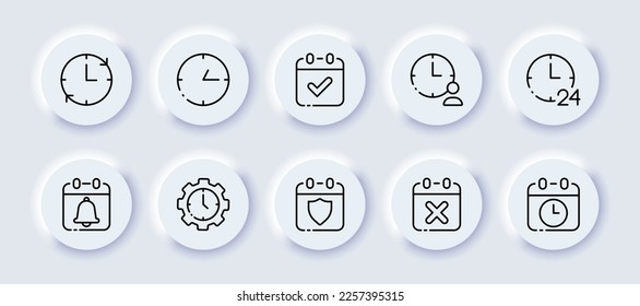 Icono de conjunto de bloqueos. Ver, planificar, programar, calendario, 24, todo el día, trabajo, tabla, negocio, signo de información. Concepto de gestión del tiempo. Estilo neomorfista. Icono de línea de vector para publicidad