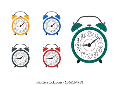 Clocks. Set of multicolor alarm clocks wake-up time. Isolated on white background. Vector illustration