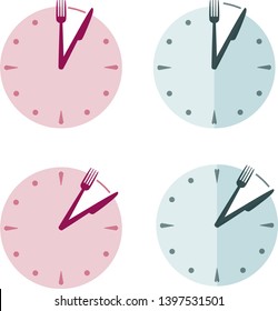 Clocks show lunch time. Knife and fork instead clock hands