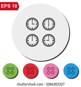 Clocks showing different time flat round colorful vector icon. Time management illustration.