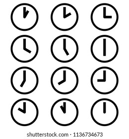 Clocks showing different time (hours) symbols icons signs logos simple black and white colored set. A set of clock icons with different time on them, minimalist, black and white (mostly white).
