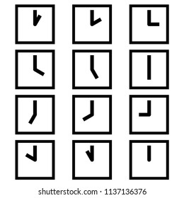 Clocks showing different time (hours) symbols icons signs logos simple black and white colored set. A set of square clock icons with different time on them, minimalist, black and white (mostly white).