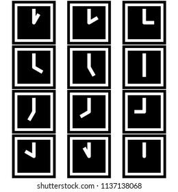 Clocks showing different time (hours) symbols icons signs logos simple black and white colored set. A set of square clock icons with different time on them, minimalist, black and white (mostly black).