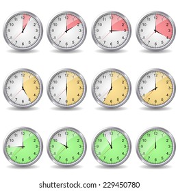 clocks showing different time in traffic light style. vector illustrations