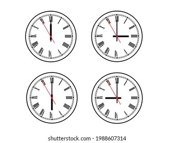 clocks showing different times isolated on a white background