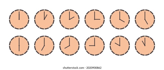 Clocks que muestran tiempos diferentes. Diales redondos de color rosa pastel aislados en fondo blanco. Vector.