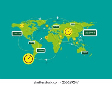 Clocks tick in different continents while Airplanes Flying Over Different time zones could mean flight time, flight delay time, cargo delivery schedule, tracking or more. Flat Illustration eps10.