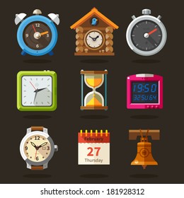 Clocks, time flat icons vector set.