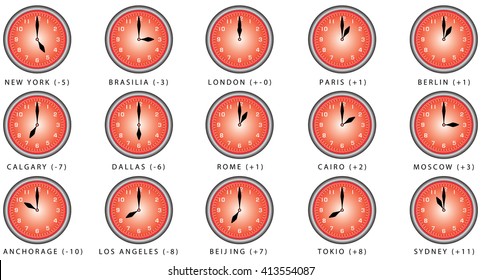 Clocks with time zone. Clocks Time Zones. World clock, time difference in major cities. Wall clock for every hours, to indicate world international time zone