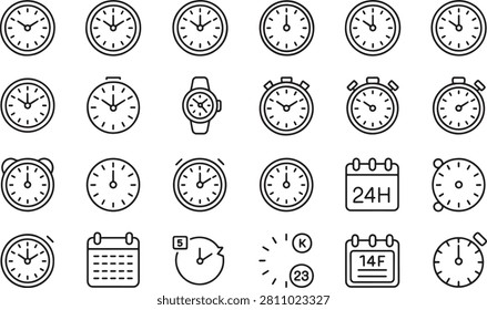 Clocks and Timekeeping Icons Set with Minimalist Line Art Design Featuring Clock, Time, Watch with Stopwatch and Alarm Elements